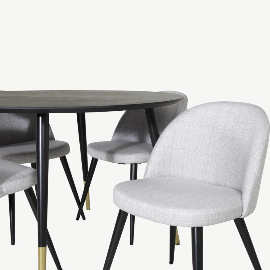 Dipp ümmarguse musta söögilaua komplekt kuldsete detailide ja hallide polsterdatud toolidega, GR19890 – 2