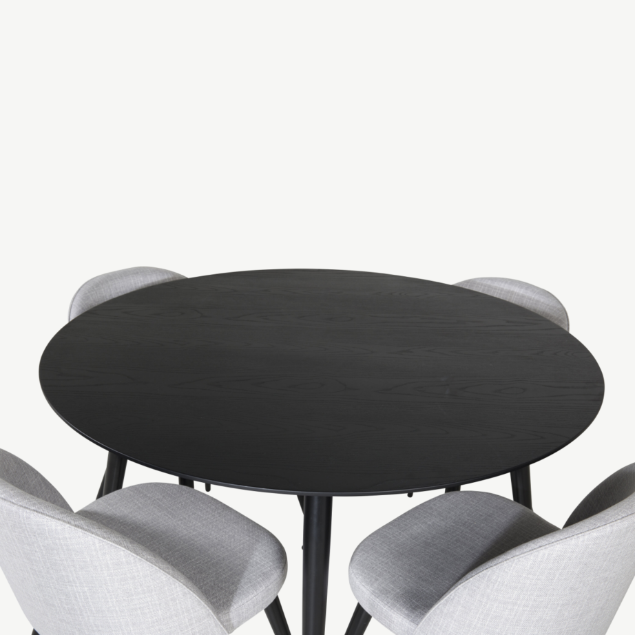 Dipp ümmarguse musta söögilaua komplekt kuldsete detailide ja hallide polsterdatud toolidega, GR19890 – 3