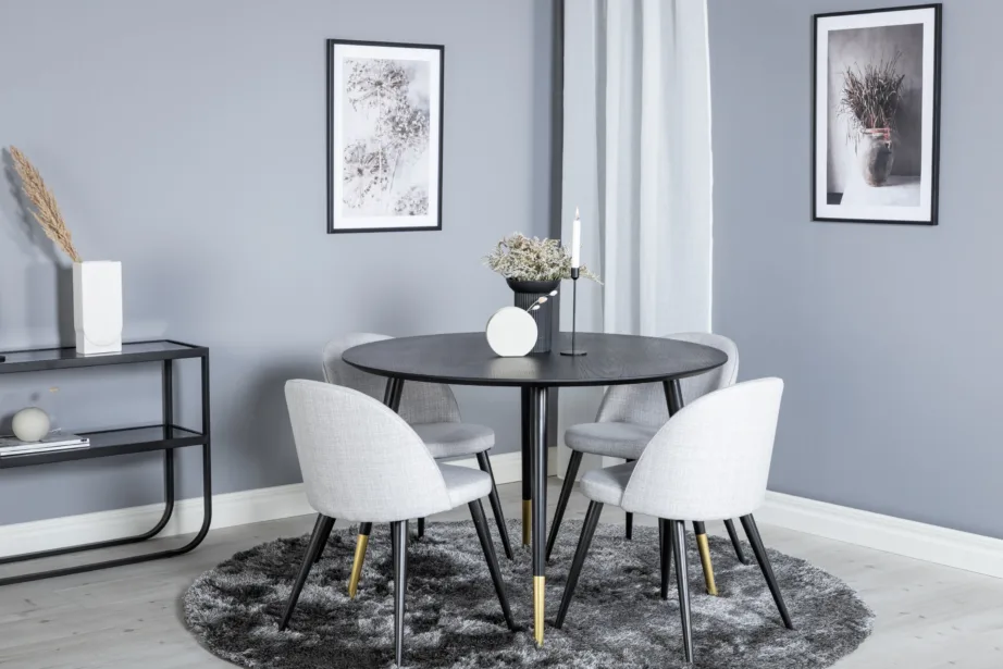 Dipp ümmarguse musta söögilaua komplekt kuldsete detailide ja hallide polsterdatud toolidega, GR19890 – 4