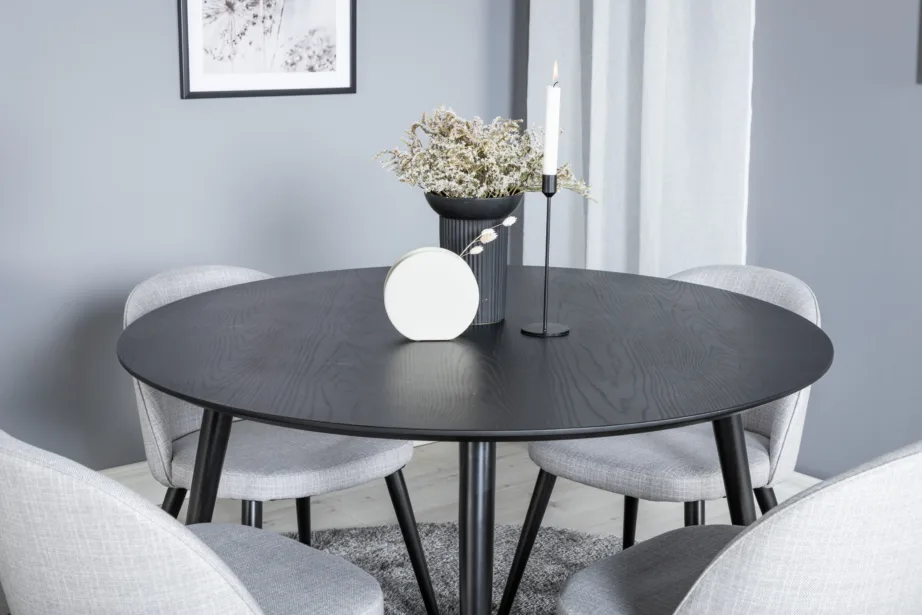 Dipp ümmarguse musta söögilaua komplekt kuldsete detailide ja hallide polsterdatud toolidega, GR19890 – 6