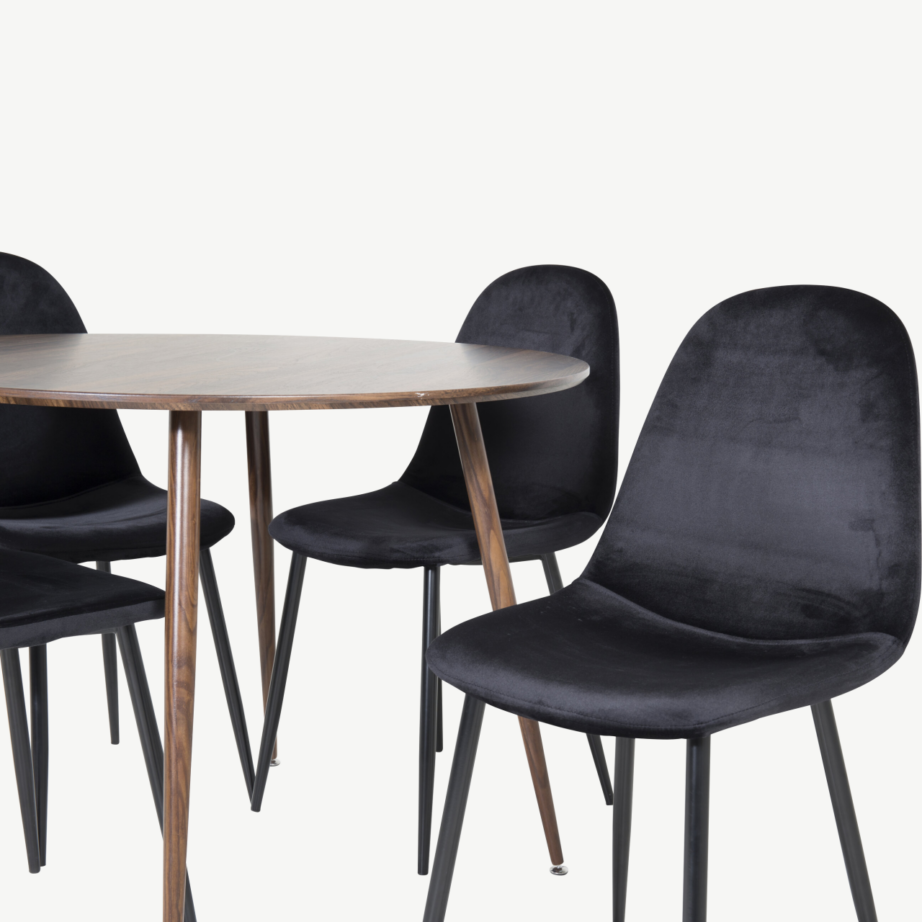 Plaza ümmargune söögilauakomplekt pähkliviimistlusega (ø100 cm) ja Polar toolid musta sametkattega, GR19892 – 2