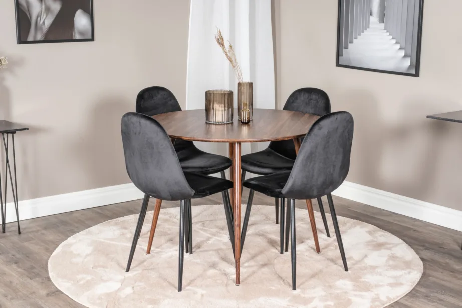 Plaza ümmargune söögilauakomplekt pähkliviimistlusega (ø100 cm) ja Polar toolid musta sametkattega, GR19892 – 3