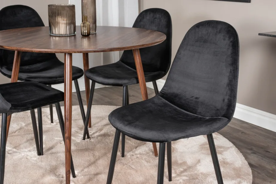 Plaza ümmargune söögilauakomplekt pähkliviimistlusega (ø100 cm) ja Polar toolid musta sametkattega, GR19892 – 5