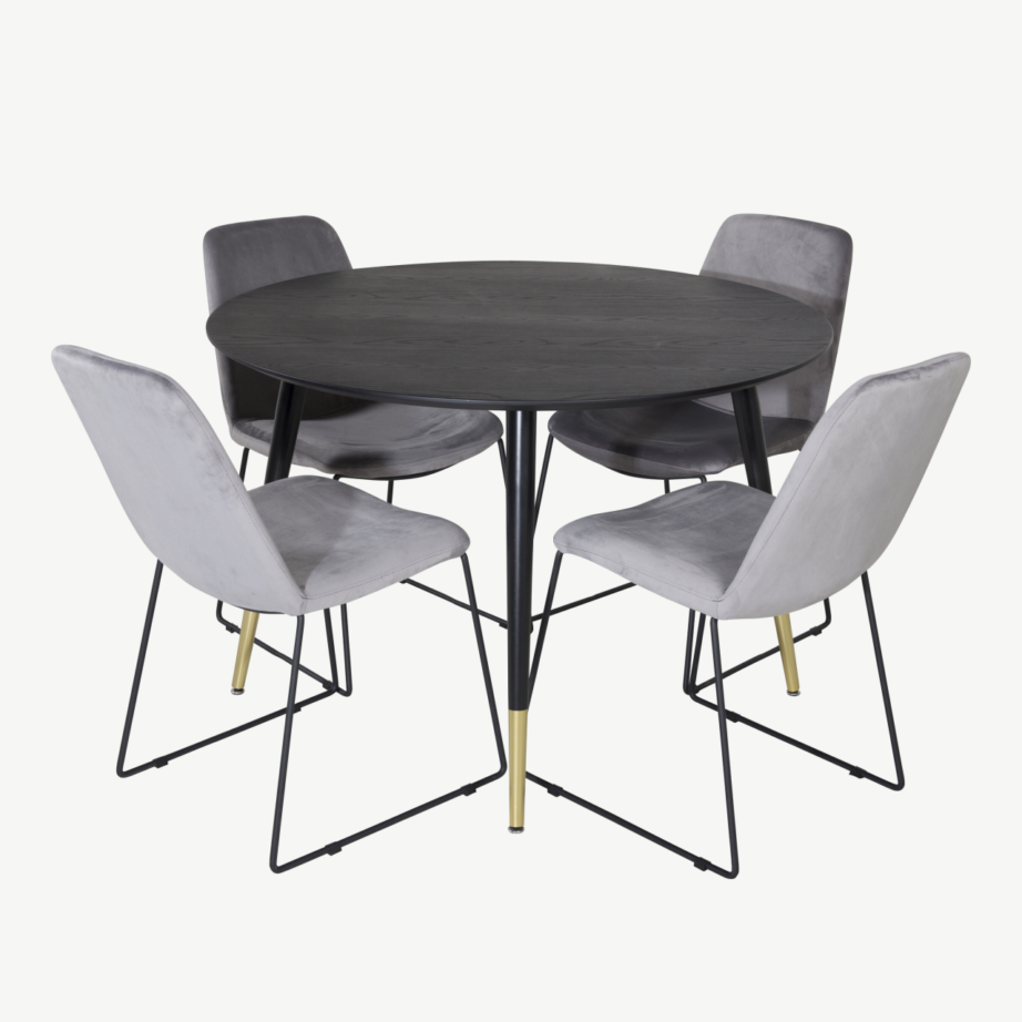Dippi ümmargune söögilauakomplekt (must laud 115 cm, hallid velvettoolid, mustad ja kuldsed detailid), GR19894