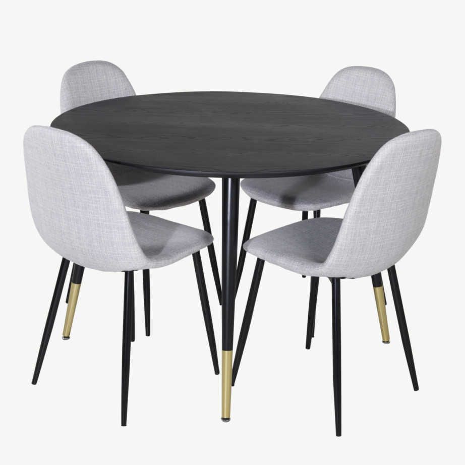 Dipp ümmargune must söögilaud ja Polar toolid, hall polster, kuldsed detailid, ø115 cm, GR19895