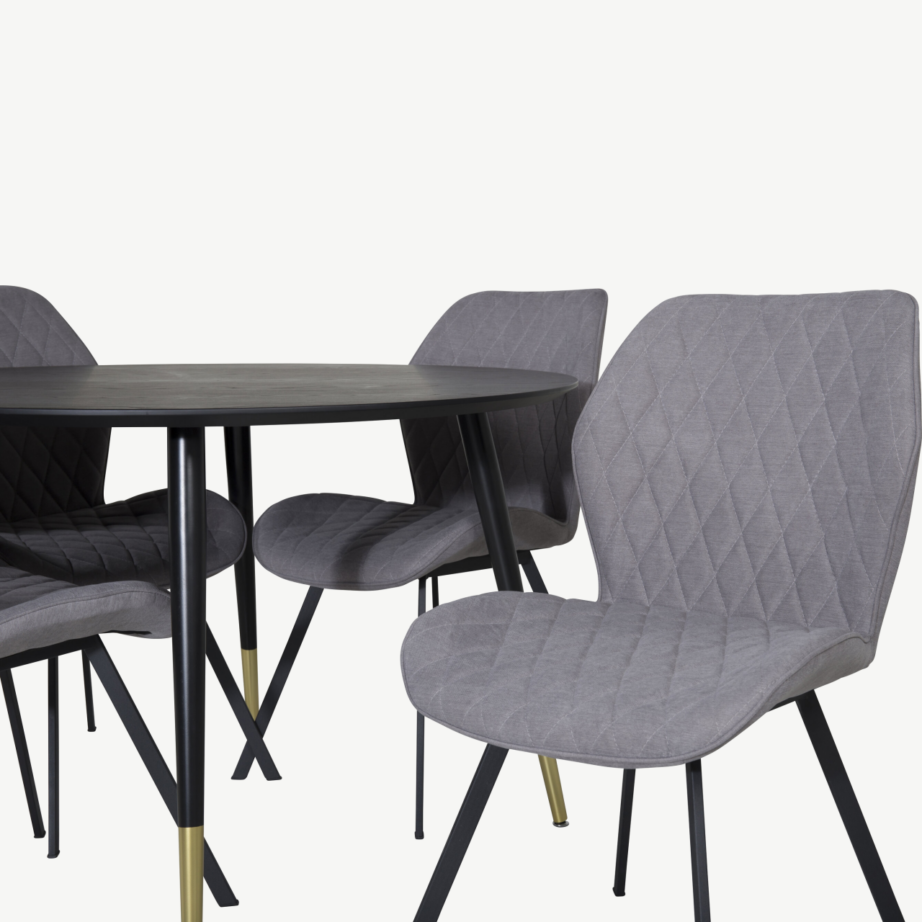 Ümmargune must söögilauakomplekt Dipp (115 cm) ja hallid kangast toolid Gemma (mustade ja kuldsete jalgadega), GR19898 – 2