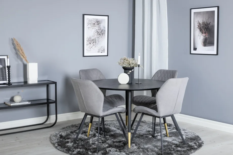 Ümmargune must söögilauakomplekt Dipp (115 cm) ja hallid kangast toolid Gemma (mustade ja kuldsete jalgadega), GR19898 – 4