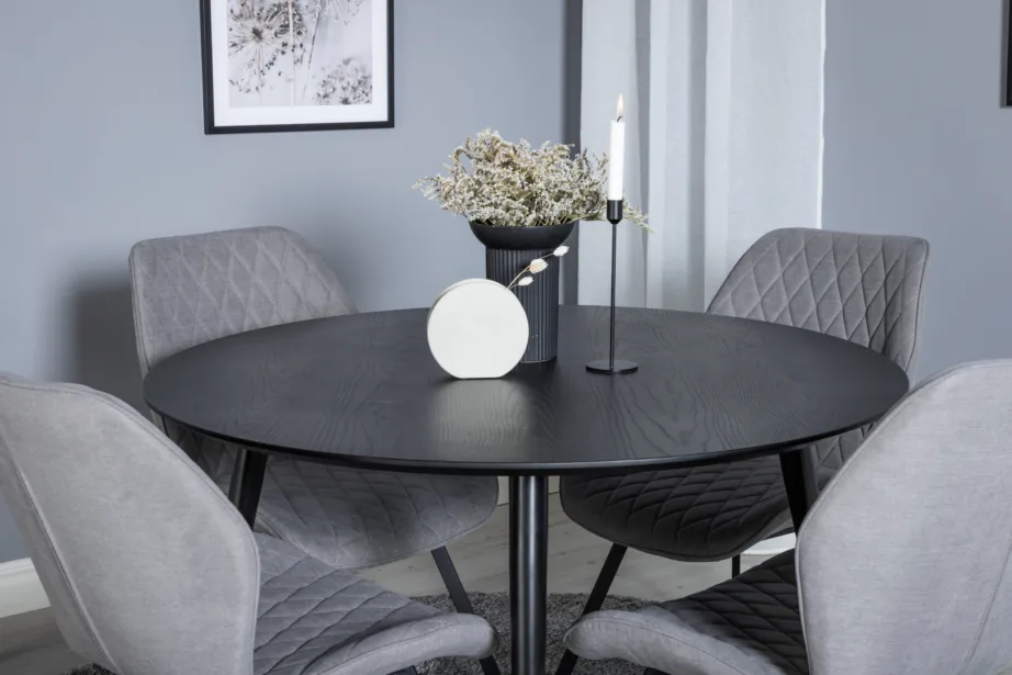 Ümmargune must söögilauakomplekt Dipp (115 cm) ja hallid kangast toolid Gemma (mustade ja kuldsete jalgadega), GR19898 – 6