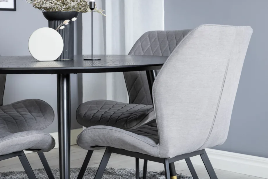 Ümmargune must söögilauakomplekt Dipp (115 cm) ja hallid kangast toolid Gemma (mustade ja kuldsete jalgadega), GR19898 – 7