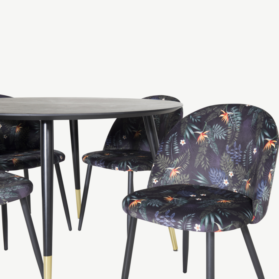 Dipi ümmargune must söögilauakomplekt (4 lillemustriga sametist tooli), GR19900 – 2
