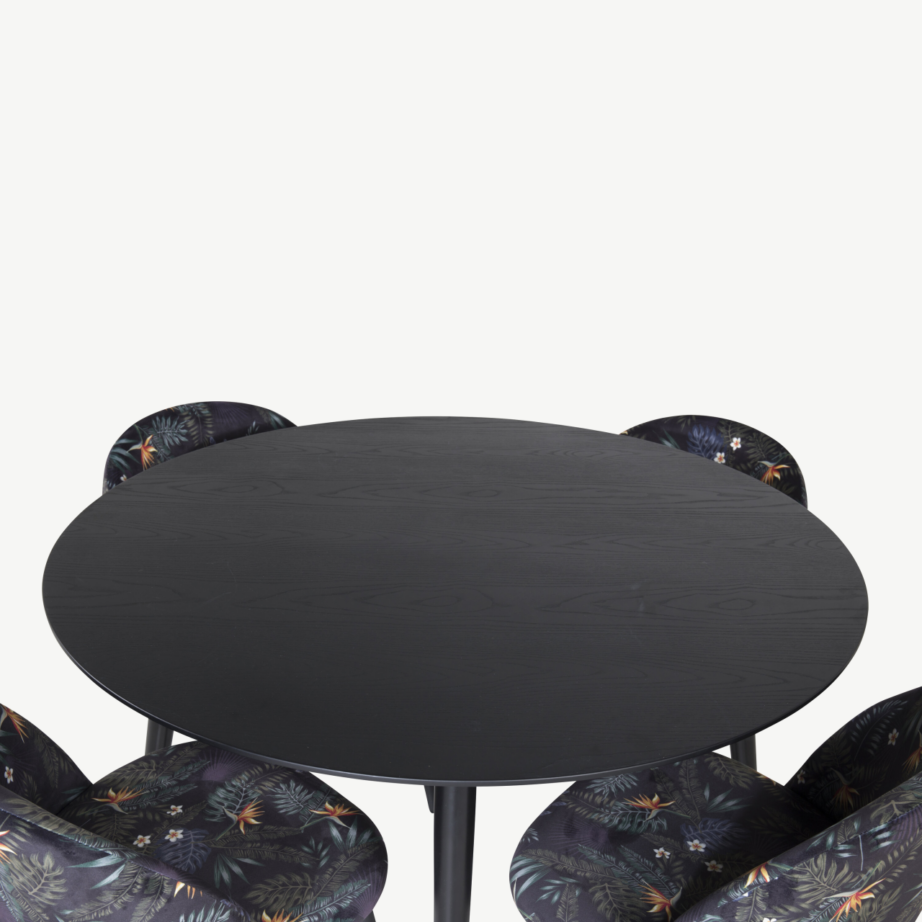 Dipi ümmargune must söögilauakomplekt (4 lillemustriga sametist tooli), GR19900 – 3