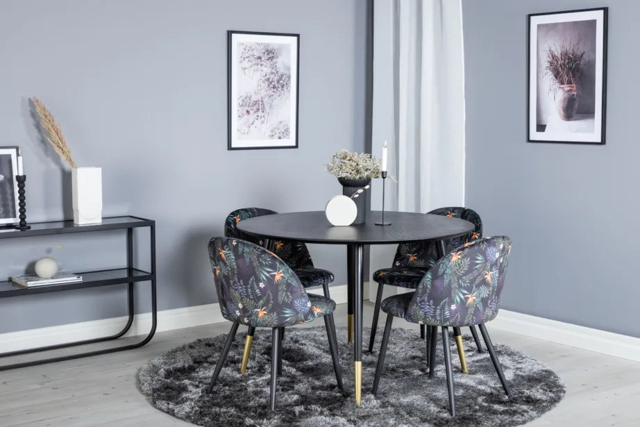 Dipi ümmargune must söögilauakomplekt (4 lillemustriga sametist tooli), GR19900 – 4