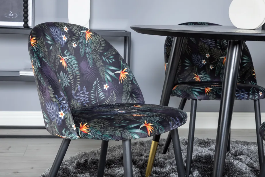 Dipi ümmargune must söögilauakomplekt (4 lillemustriga sametist tooli), GR19900 – 5