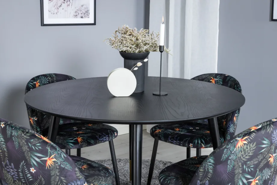 Dipi ümmargune must söögilauakomplekt (4 lillemustriga sametist tooli), GR19900 – 6