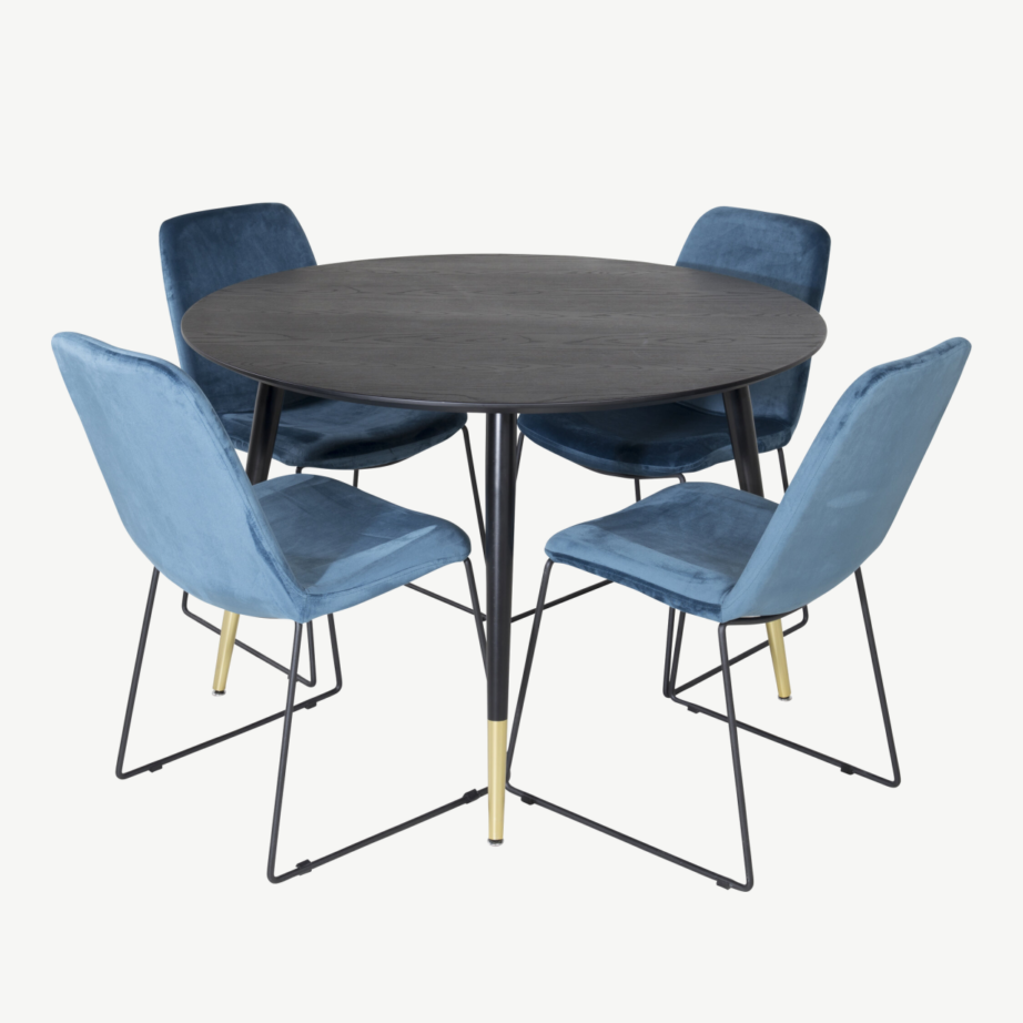 Ümmargune söögilauakomplekt Dipp musta lauaplaadi ja siniste samettoolidega, ø115 cm, GR19903