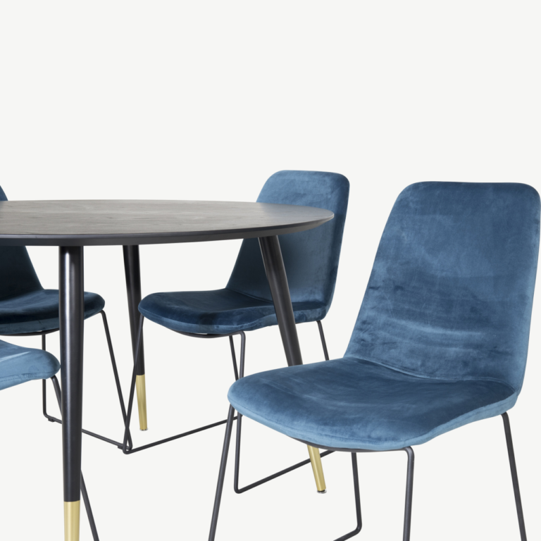 Ümmargune söögilauakomplekt Dipp musta lauaplaadi ja siniste samettoolidega, ø115 cm - GR19903