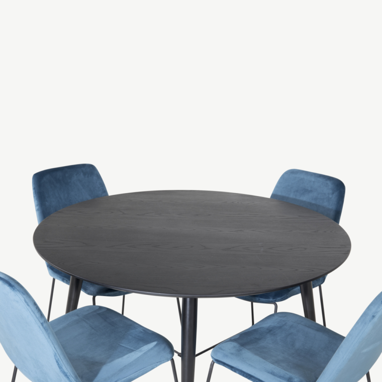 Ümmargune söögilauakomplekt Dipp musta lauaplaadi ja siniste samettoolidega, ø115 cm - GR19903