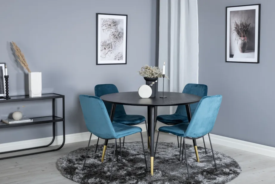 Ümmargune söögilauakomplekt Dipp musta lauaplaadi ja siniste samettoolidega, ø115 cm, GR19903 – 4