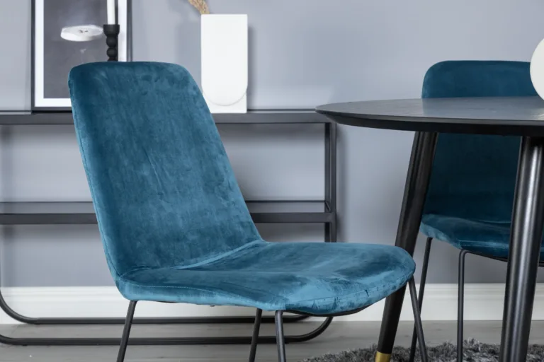 Ümmargune söögilauakomplekt Dipp musta lauaplaadi ja siniste samettoolidega, ø115 cm - GR19903
