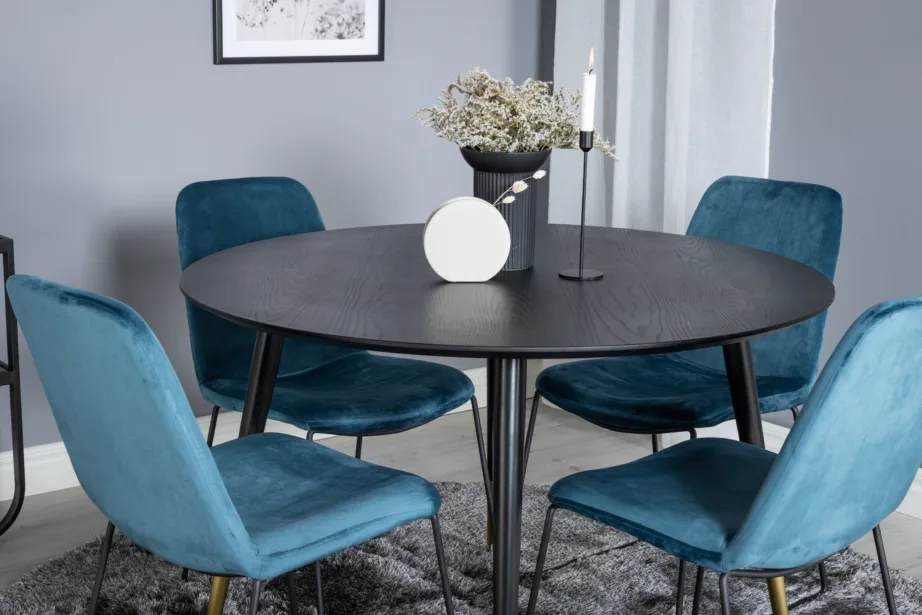 Ümmargune söögilauakomplekt Dipp musta lauaplaadi ja siniste samettoolidega, ø115 cm, GR19903 – 6
