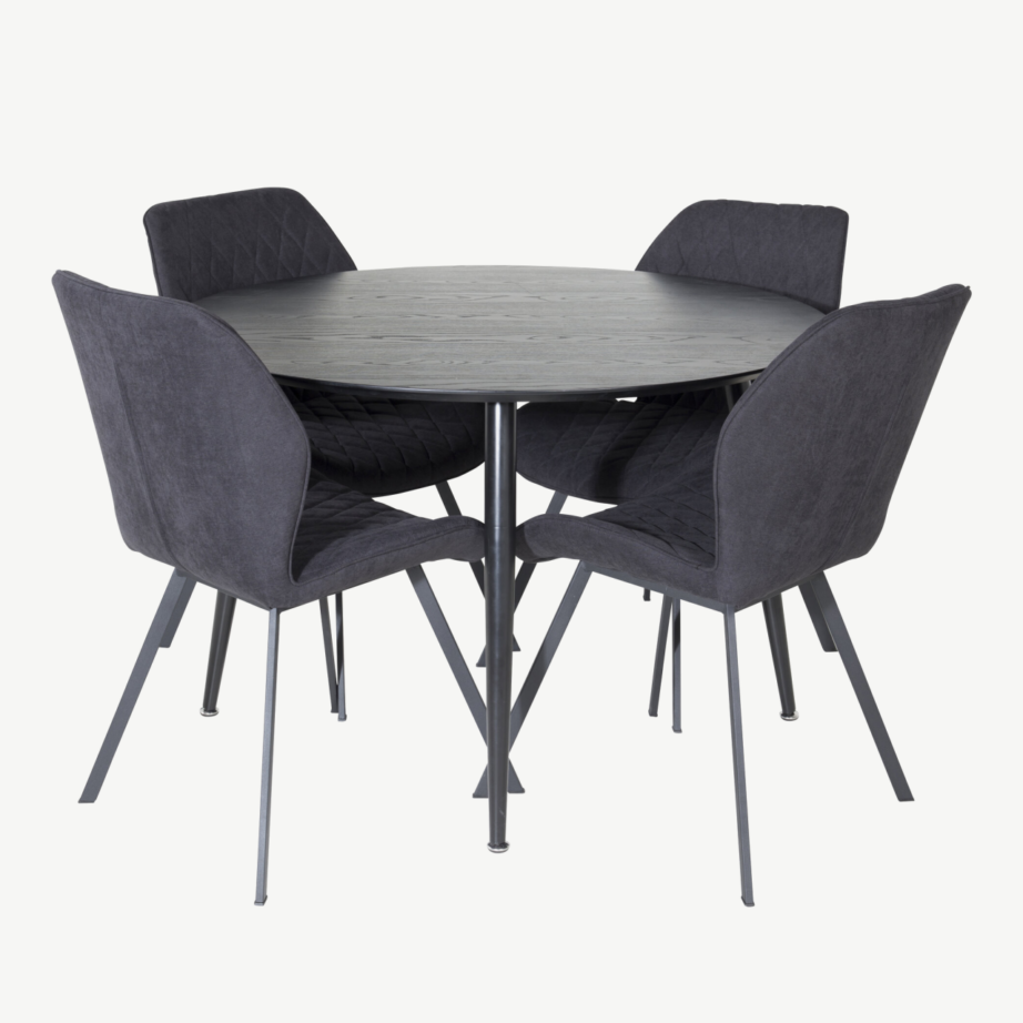 Dipp ümmarguse söögilauakomplekti komplekt, 115 cm, must vineer, 4 polsterdatud tooliga, GR19906