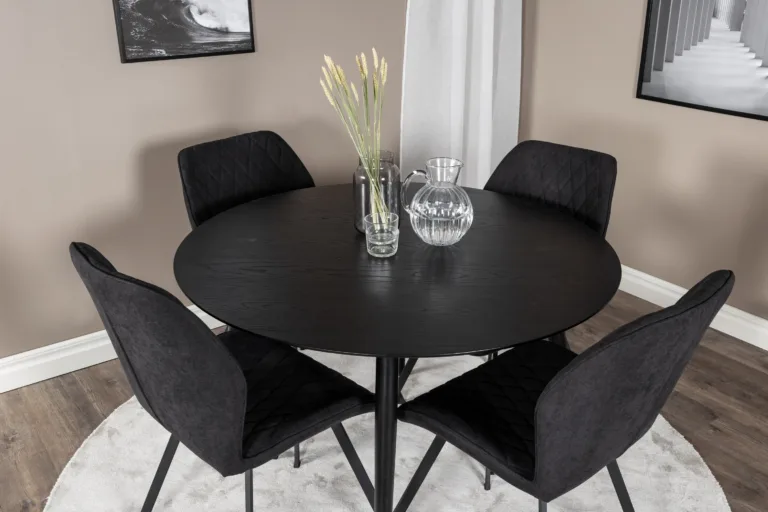 Dipp ümmarguse söögilauakomplekti komplekt, 115 cm, must vineer, 4 polsterdatud tooliga - GR19906