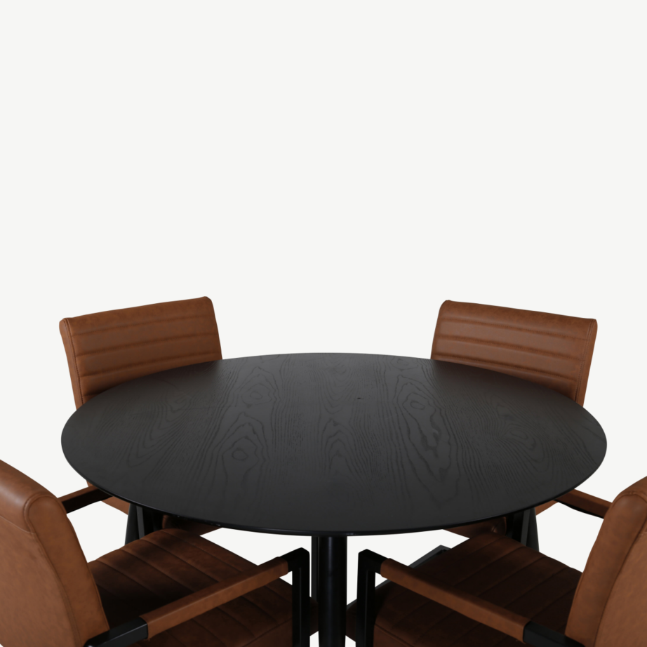 Dippi ümmargune söögilauakomplekt, must lauaplaat, pruunid kunstnahast toolid, ø115 cm, GR19908 – 2