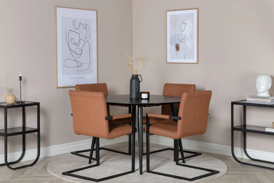 Dippi ümmargune söögilauakomplekt, must lauaplaat, pruunid kunstnahast toolid, ø115 cm, GR19908 – 4