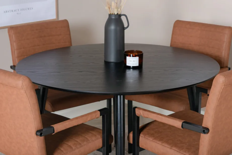 Dippi ümmargune söögilauakomplekt, must lauaplaat, pruunid kunstnahast toolid, ø115 cm, GR19908 – 5