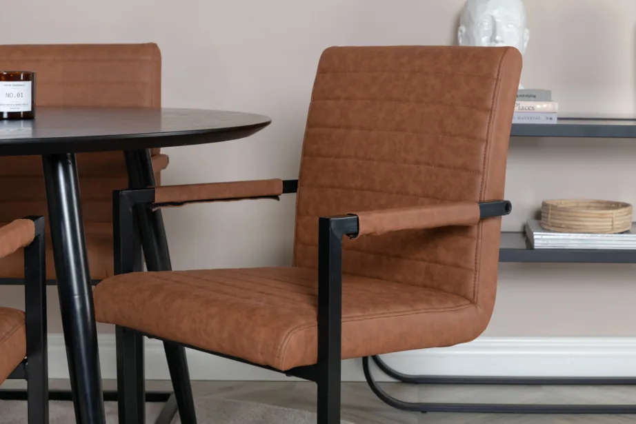 Dippi ümmargune söögilauakomplekt, must lauaplaat, pruunid kunstnahast toolid, ø115 cm, GR19908 – 6