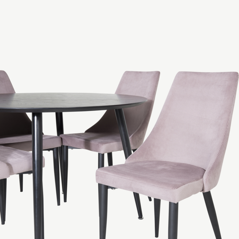 Ümmargune must söögilauakomplekt Dipp (tammevineeriga, ø115 cm) ja tolmuroosad Leone toolid, GR19909 – 2