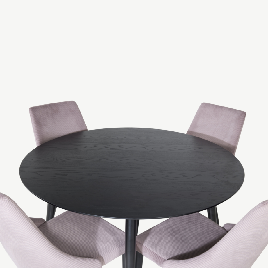 Ümmargune must söögilauakomplekt Dipp (tammevineeriga, ø115 cm) ja tolmuroosad Leone toolid, GR19909 – 3