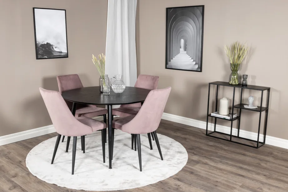 Ümmargune must söögilauakomplekt Dipp (tammevineeriga, ø115 cm) ja tolmuroosad Leone toolid, GR19909 – 4