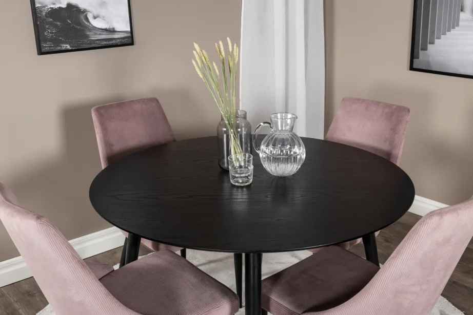 Ümmargune must söögilauakomplekt Dipp (tammevineeriga, ø115 cm) ja tolmuroosad Leone toolid, GR19909 – 6