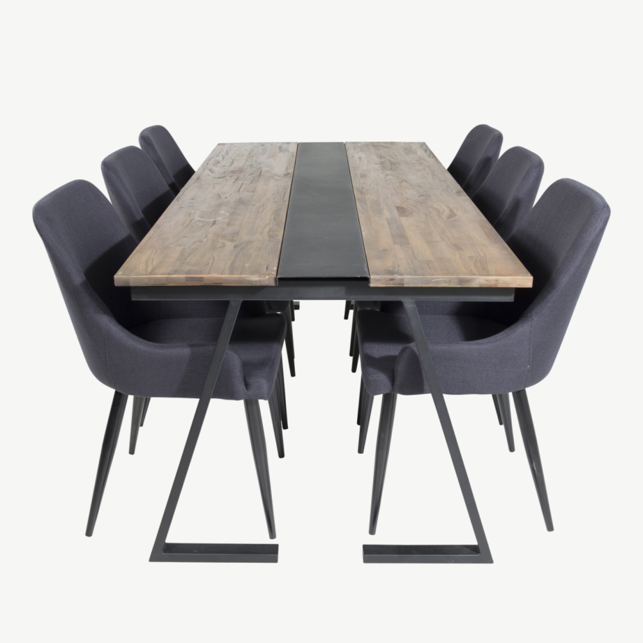 Jakarta tiigipuust ristkülikukujuline söögitoakomplekt (must teras, 6 musta kangast tooli), GR19914 – 2