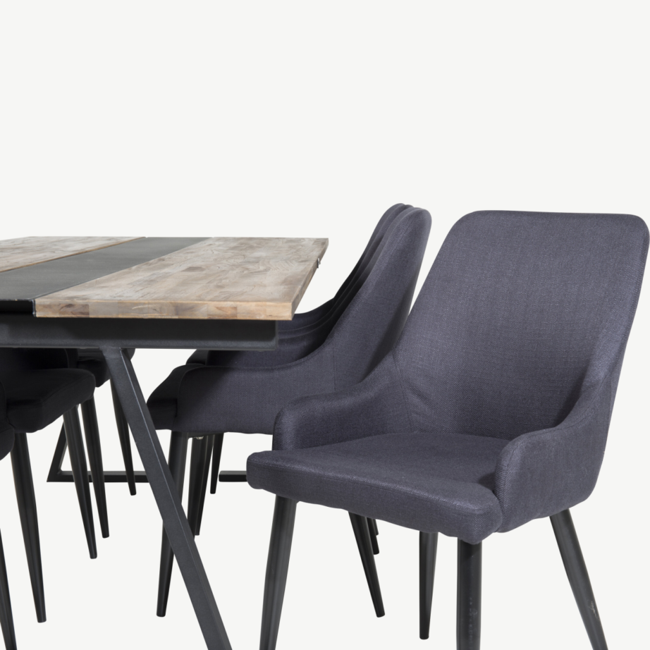 Jakarta tiigipuust ristkülikukujuline söögitoakomplekt (must teras, 6 musta kangast tooli), GR19914 – 3