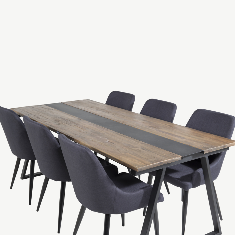 Jakarta tiigipuust ristkülikukujuline söögitoakomplekt (must teras, 6 musta kangast tooli), GR19914 – 4