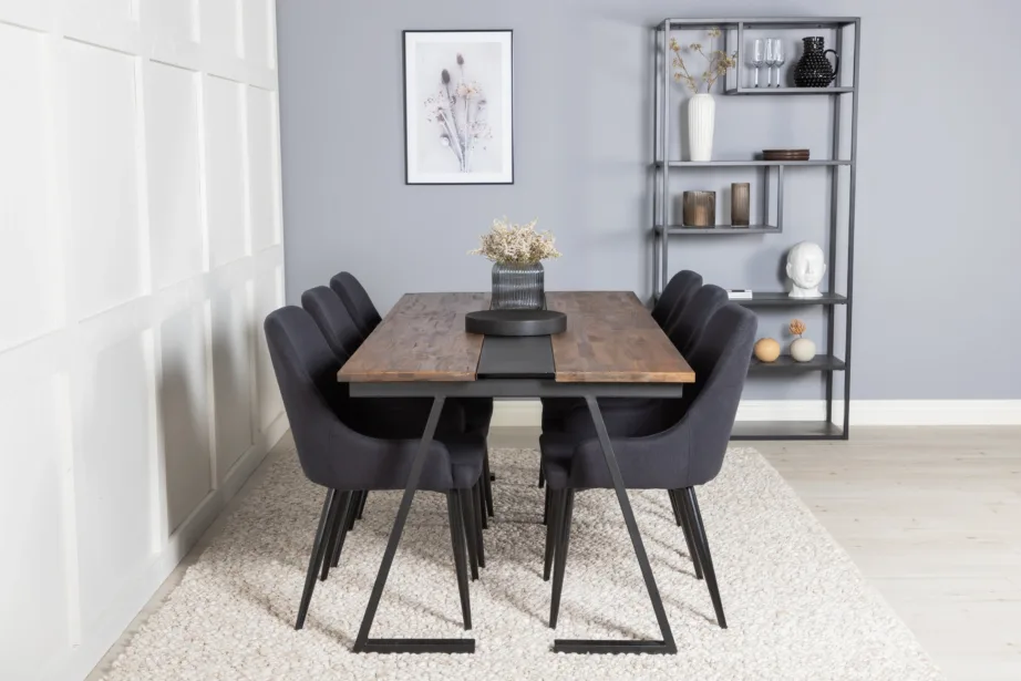 Jakarta tiigipuust ristkülikukujuline söögitoakomplekt (must teras, 6 musta kangast tooli), GR19914 – 5