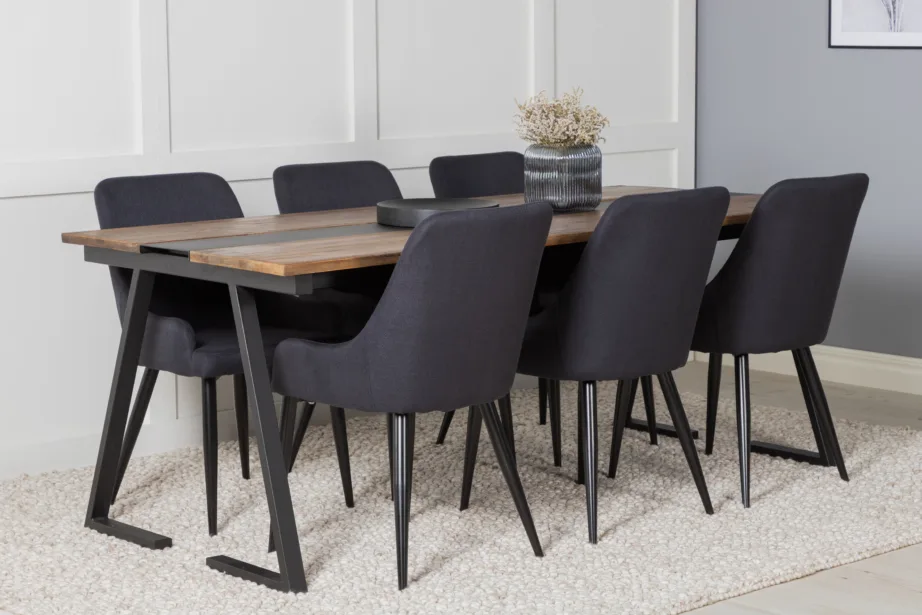 Jakarta tiigipuust ristkülikukujuline söögitoakomplekt (must teras, 6 musta kangast tooli), GR19914 – 6