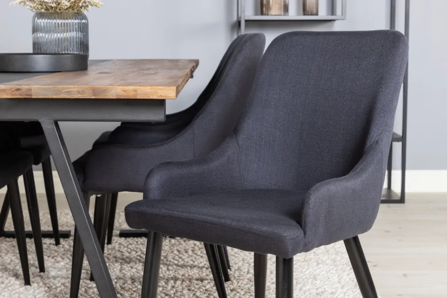 Jakarta tiigipuust ristkülikukujuline söögitoakomplekt (must teras, 6 musta kangast tooli), GR19914 – 7