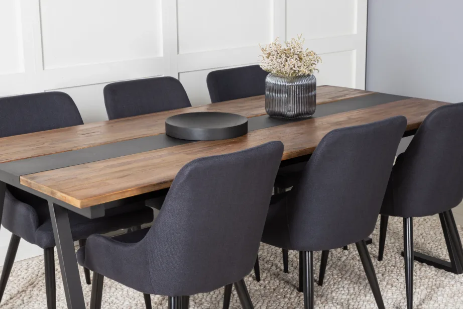 Jakarta tiigipuust ristkülikukujuline söögitoakomplekt (must teras, 6 musta kangast tooli), GR19914 – 8