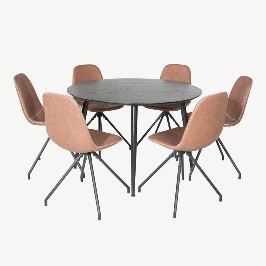 Ümmargune söögilaud Dipp (must spoon, ø115 cm) ja Polar pöörlevad toolid (pruun PU, mustad jalad) – komplekt 6 tooliga, GR19920