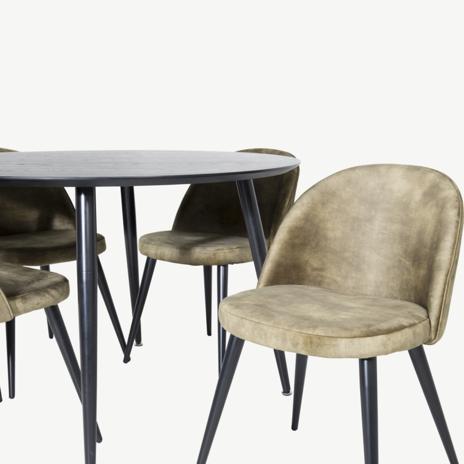 Dippi ümmargune must söögilaud toolidega, tolmurohelise sametkattega toolid, GR19942 – 2