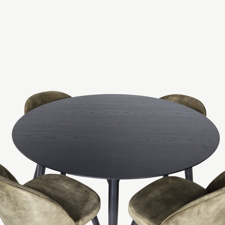 Dippi ümmargune must söögilaud toolidega, tolmurohelise sametkattega toolid, GR19942 – 3