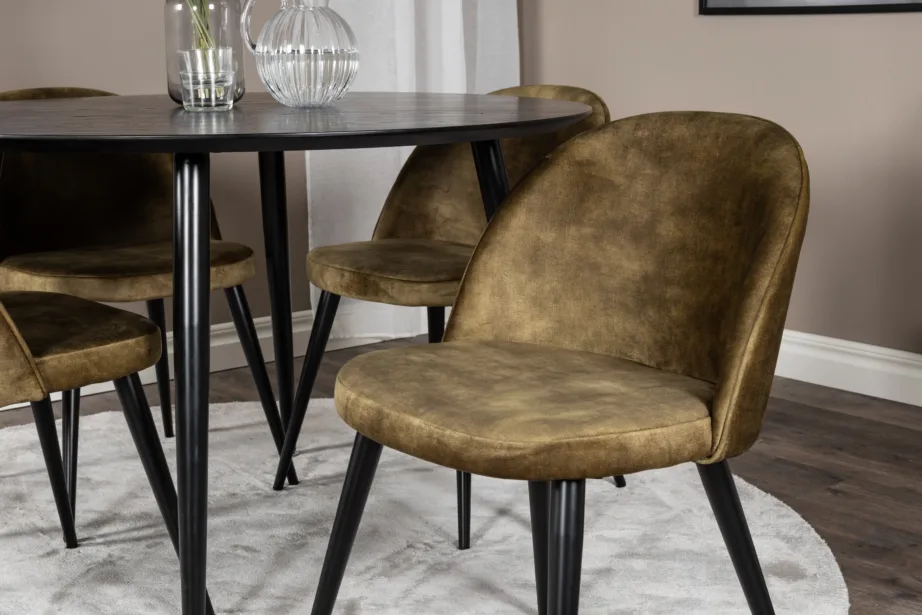 Dippi ümmargune must söögilaud toolidega, tolmurohelise sametkattega toolid, GR19942 – 5