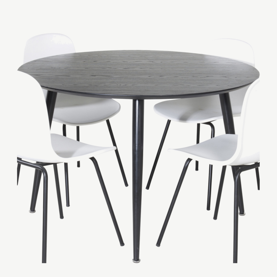 Dipp ümmargune söögikomplekt musta spooniga, 4 valge plastikust tooli, GR19943