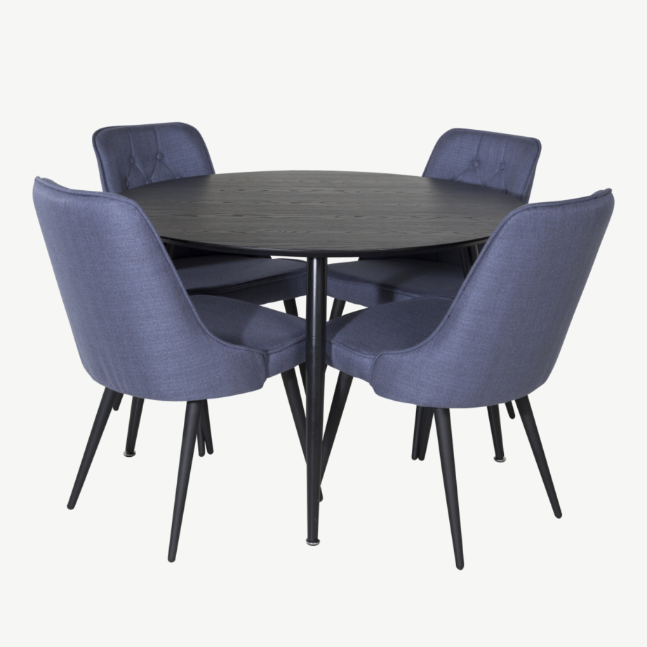 Ümmargune söögilauakomplekt Dipp (must spoon, sinised kangastoolid, ø115 cm), GR19944