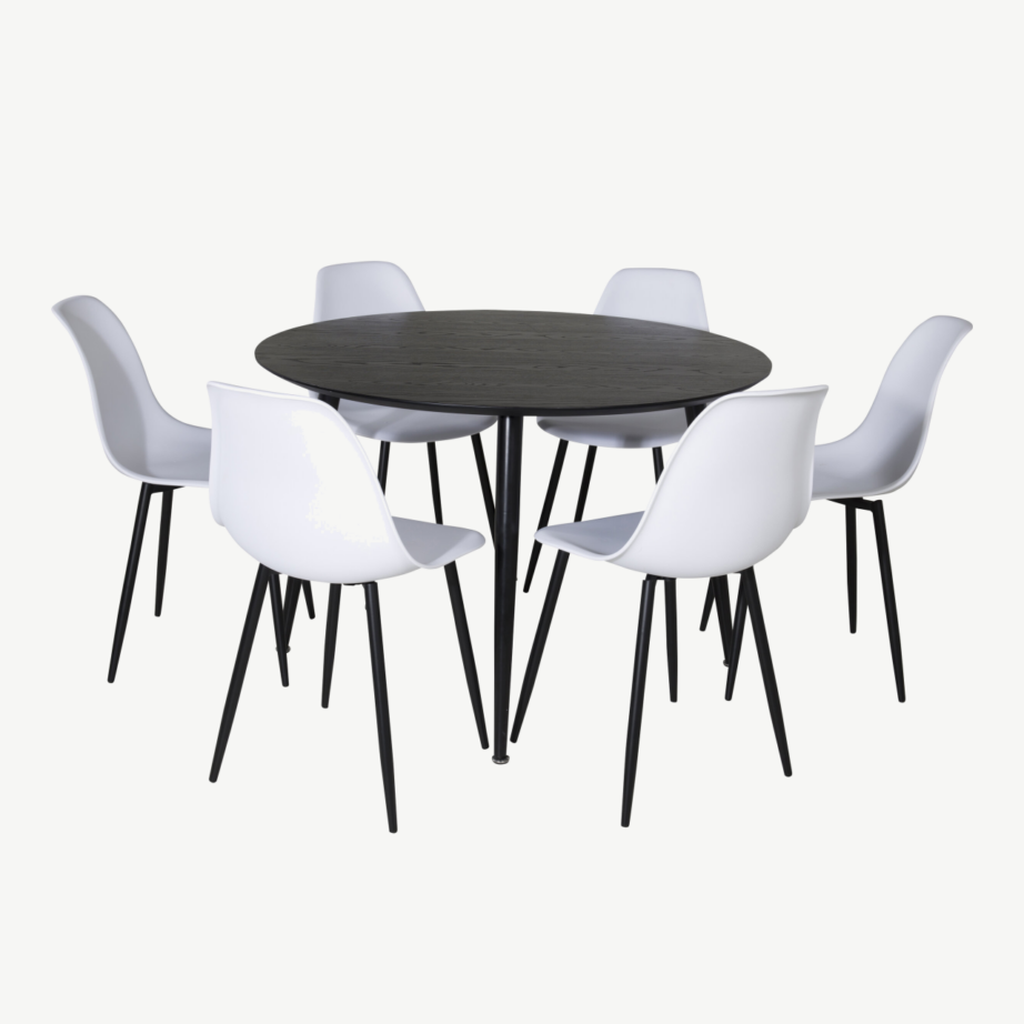 Dipp ümmargune söögilaud (must vineer, ø115 cm) koos Polar valgete söögitoolidega (mustad jalad), GR19946