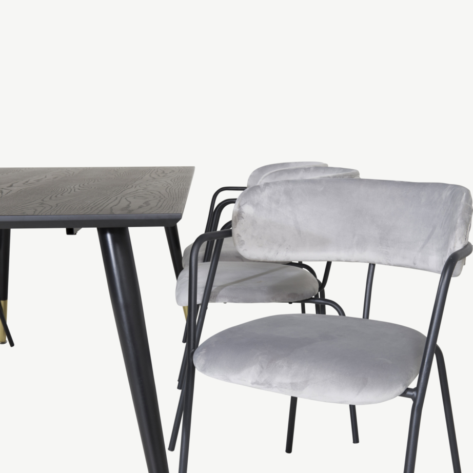 Ristkülikukujuline söögitoakomplekt Dipp musta lauaga, kuldsete detailide ja hallide velvetist toolidega (6 tooli), GR19951 – 3