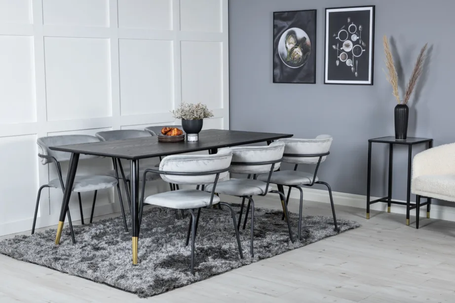 Ristkülikukujuline söögitoakomplekt Dipp musta lauaga, kuldsete detailide ja hallide velvetist toolidega (6 tooli), GR19951 – 6